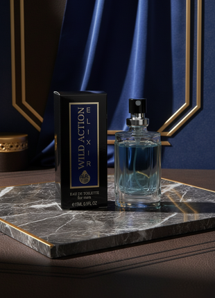 Perfume bottle and packaging of Wild Action Elixir on a white background