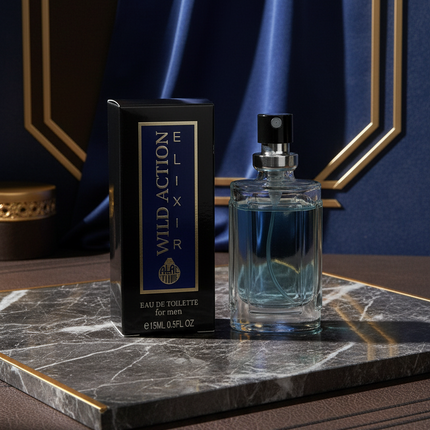 Perfume bottle and packaging of Wild Action Elixir on a white background