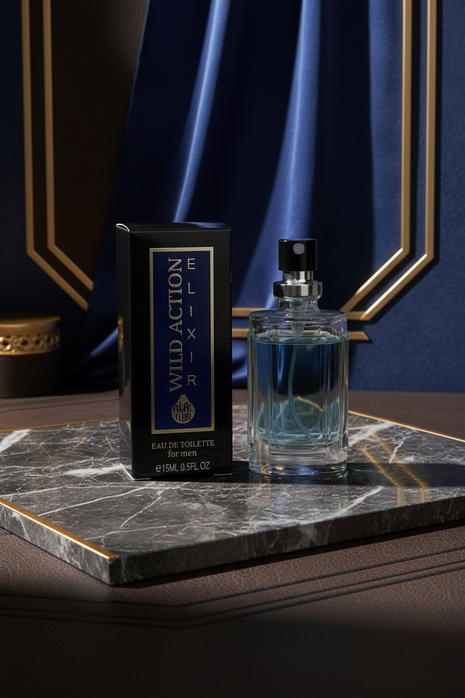 Perfume bottle and packaging of Wild Action Elixir on a white background