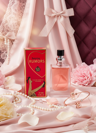 Perfume bottle and packaging of 'Tempting Rumors' by Real Time on a white background