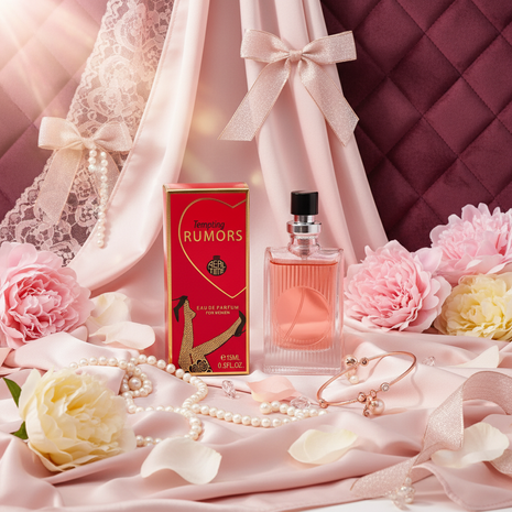 Perfume bottle and packaging of 'Tempting Rumors' by Real Time on a white background