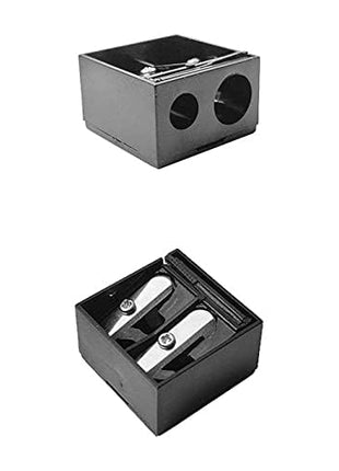 Two black pencil sharpeners on a white background