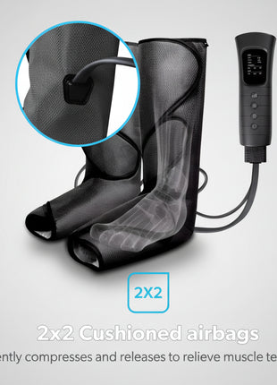 Black air compression boot with digital controller on a teal background, featuring 2x2 cushioned airbags.