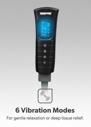 Black electronic device with digital display on a blue background, featuring '6 Vibration Modes' text.