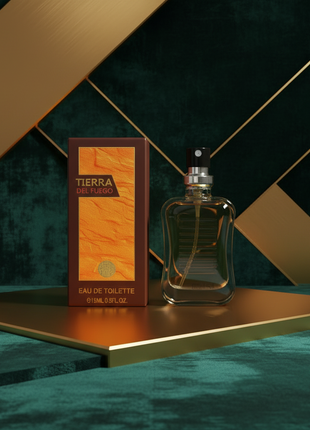 Perfume bottle and packaging of 'Tierra Del Fuego' by Real Time on a white background