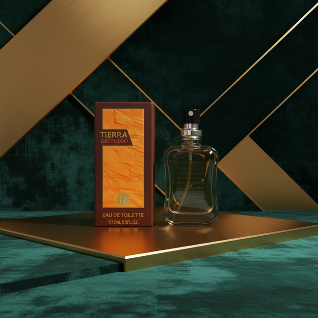 Perfume bottle and packaging of 'Tierra Del Fuego' by Real Time on a white background