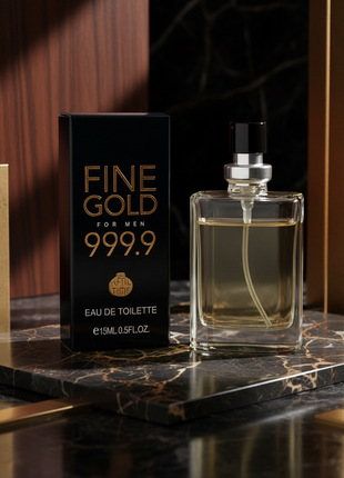Perfume bottle and packaging of 'Fine Gold for Men 999.9' on a white background