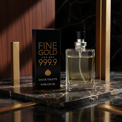 Perfume bottle and packaging of 'Fine Gold for Men 999.9' on a white background