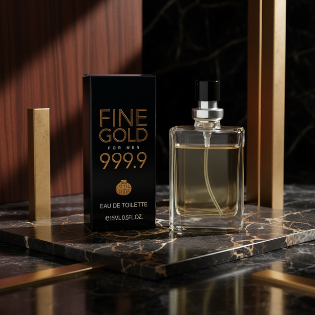 Perfume bottle and packaging of 'Fine Gold for Men 999.9' on a white background