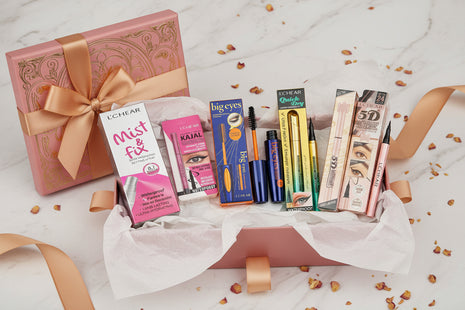 Collection of L'Chear eye makeup products including mascara, eyeliner, and setting spray on a white background.