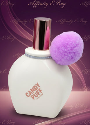 Pink perfume bottle with a fluffy applicator on a white background