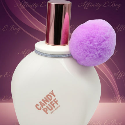 Pink perfume bottle with a fluffy applicator on a white background