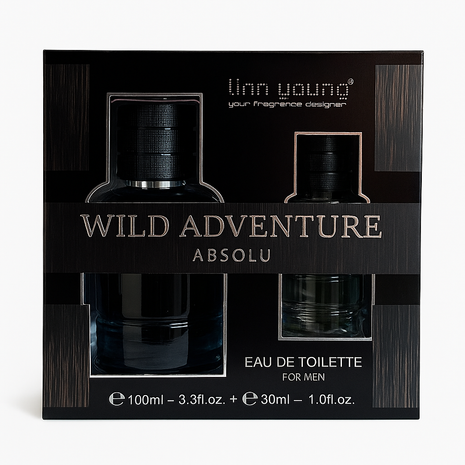 Perfume packaging for 'Wild Adventure Absolu' by Linn Young on a white background