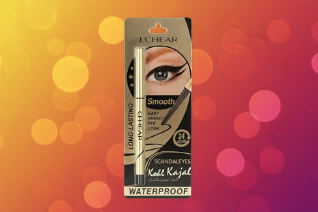 L'Chear Kohl Kajal packaging with gold pen and eye makeup application on a white background