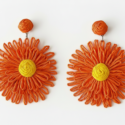 Pair of orange floral earrings with yellow centers on a white background