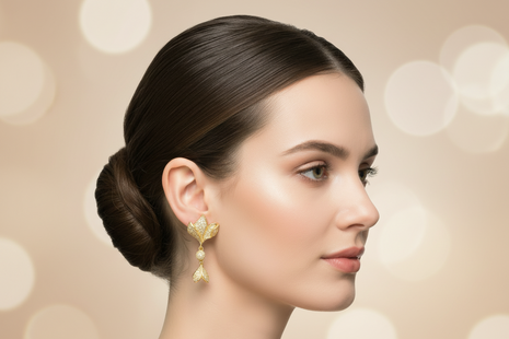Woman wearing gold earrings with a plain background