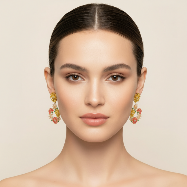 Colorful floral earrings on a white background