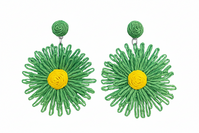 Green floral earrings with yellow centers on a white background
