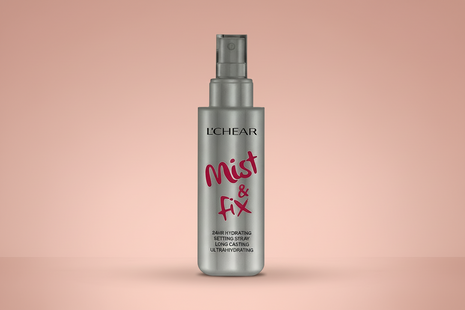 L'Chear Mist & Fix spray bottle with packaging on a white background