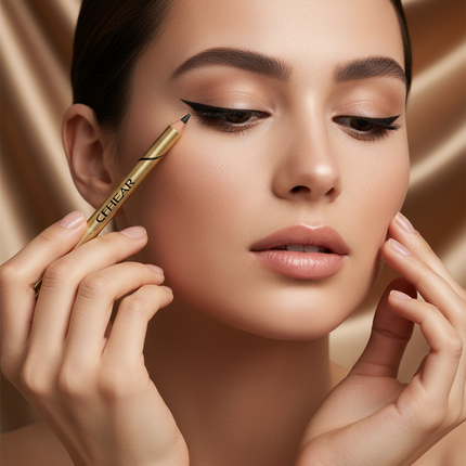 L'Chear Kohl Kajal packaging with gold pen and eye makeup application on a white background