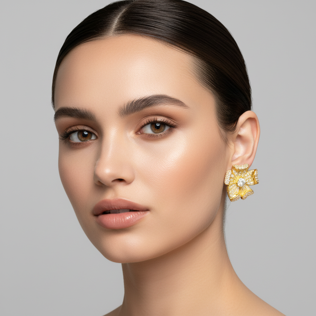 Gold flower-shaped earrings with a central gemstone on a white background