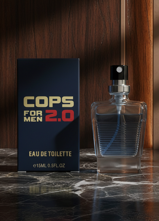 Perfume bottle and packaging labeled 'COPS FOR MEN 2.0' on a white background