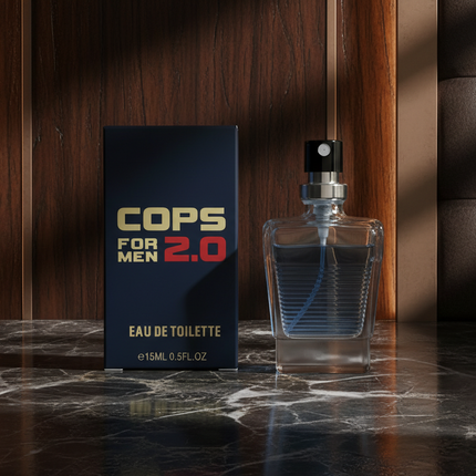 Perfume bottle and packaging labeled 'COPS FOR MEN 2.0' on a white background