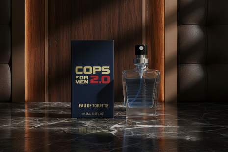 Perfume bottle and packaging labeled 'COPS FOR MEN 2.0' on a white background