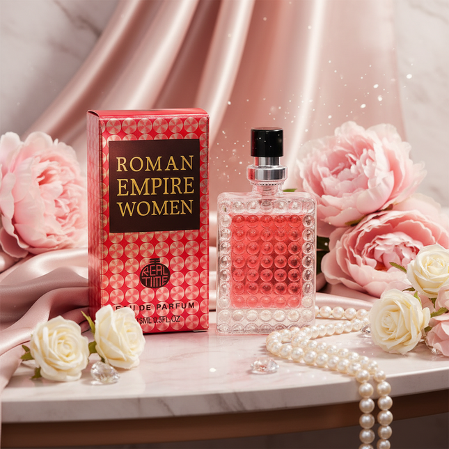 Roman Empire Women perfume bottle and packaging on a white background