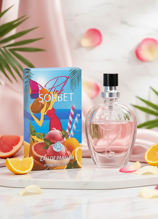 Perfume bottle and packaging with 'Sorbet' branding on a white background