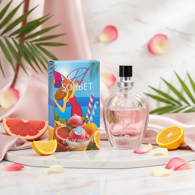 Perfume bottle and packaging with 'Sorbet' branding on a white background