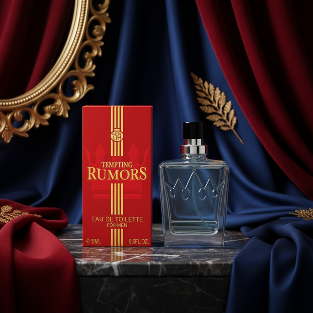 Perfume bottle and packaging of 'Tempting Rumors' for men on a white background