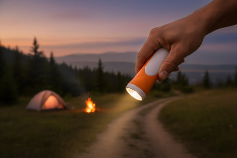 Orange flashlight with white top on a white background