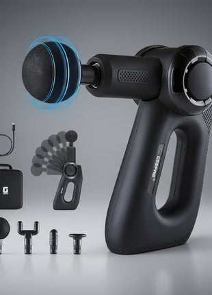 Black massage gun with attachments on a white background