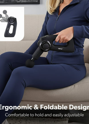 Person using a handheld massage device on their leg with text highlighting ergonomic and foldable design.