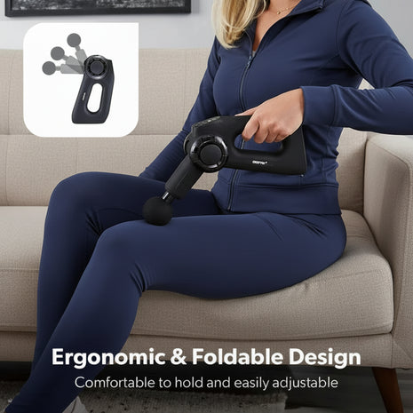 Person using a handheld massage device on their leg with text highlighting ergonomic and foldable design.