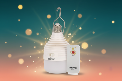 Geepas portable lamp with hanging hook and remote control on a white background