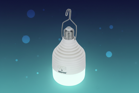 White hanging light bulb with a visible brand logo on a white background