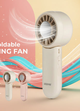 Mini foldable cooling fan with two color options on a dark background, featuring the Geepas brand.