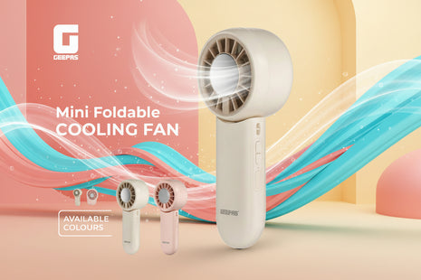 Mini foldable cooling fan with two color options on a dark background, featuring the Geepas brand.