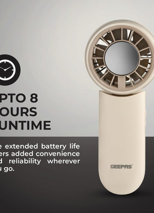 Portable fan with text about runtime and brand on a gray background
