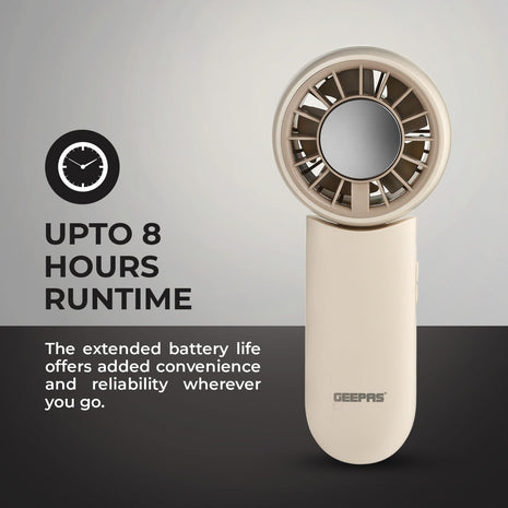 Portable fan with text about runtime and brand on a gray background