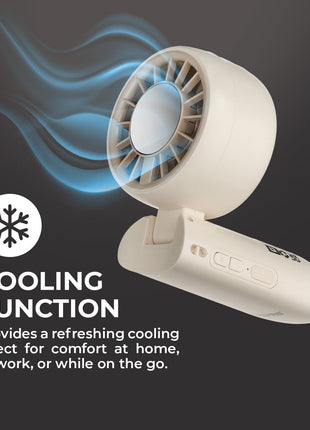 Handheld fan with cooling function text on a dark background