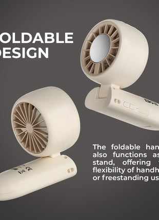 Foldable design of a handheld fan with text on a dark background