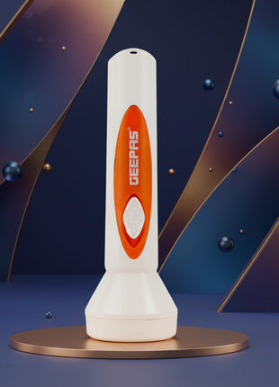 White flashlight with orange Geepas logo on a white background