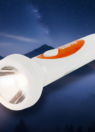 White flashlight with orange label on a white background