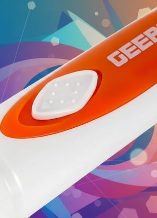 Close-up of a white and orange GEEPAS product on a white background