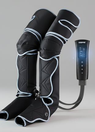 Black heated knee sleeves with a control unit on a white background