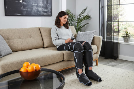 Woman sitting on a couch using a handheld device, possibly a remote control, in a living room.