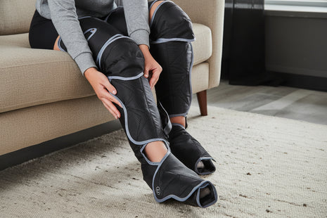 Person wearing black leg wraps sitting on a couch.